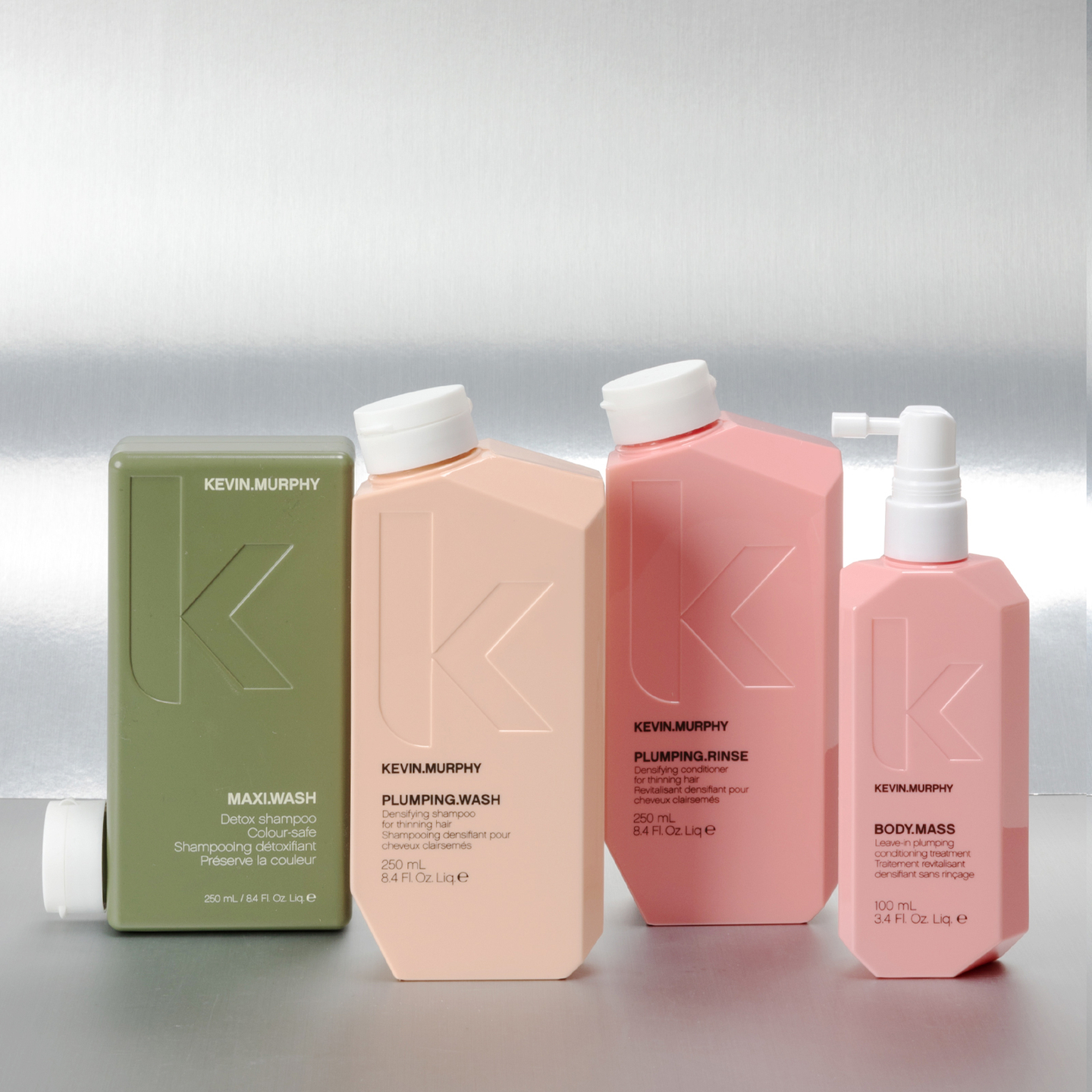 Kevin Murphy plumping collection: MAXI.WASH shampoo, PLUMPING.WASH, PLUMPING.RINSE, and BODY.MASS treatment for thickness.